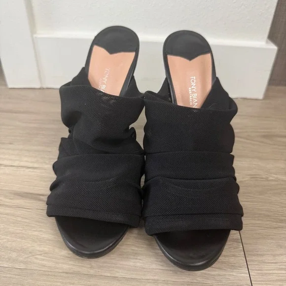 Tony Bianco Black Adee Mesh Ruched High Heel Mules - Picture 8 of 14